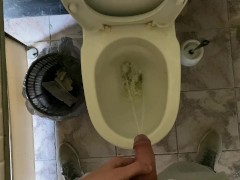Long pissing of an uncircumcised penis in a public toilet POV