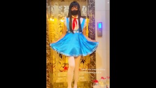 Chinese ladyboy cosplays as a young pioneer and cums at the elevator entrance
