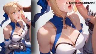Saber Fate jerks her lover's cock with her legs