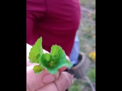 Lady P in the woods with her pup, her pussy makes an appearance, and we get to see her big milf ass