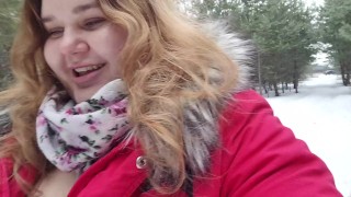 Facial on the big nipples and cute face of a redhead BBW hottie in a public park