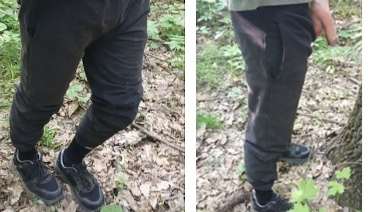A young guy jerks off in the woods. the guy wants to have sex. sweatpants.  sneakers. Pissing.