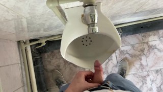 Guy pees in office toilet POV