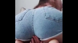 Touching myself and moaning in my denim shorts