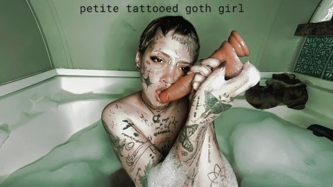 Tattooed Petite Goth Girl gives sloppy head in the bathtub 🛁