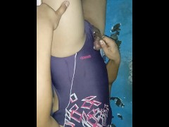 Cumshot in Purple One Piece Swimsuit