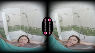 Naked horny girl Alexa Mills sucks dick and fucks in the bathroom in VR.