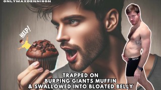 Atrapado en los gigantes eructando muffin y tragado en su vientre hinchado