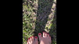 Pretty feet walking barefoot in the grass
