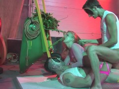 Masked men love having anal group sex with the nasty blonde milf who is lusting for double penetrati
