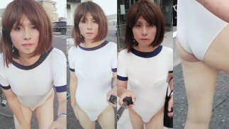 A transvestite exposes herself outdoors in a leotard!