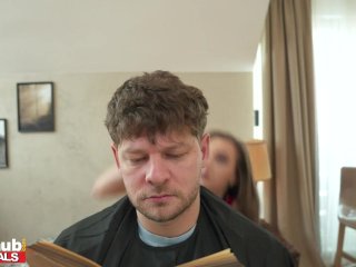 FAKEhub - Natural boob brunette trainee working in hairdressers tries cutting clients hair herself screenshot number 2
