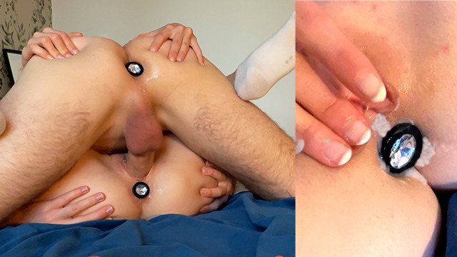 Real couple, one PLUG each. CREAMPIE: amazing river of cum.