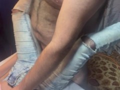 Sillicone doll Fortuna in very tight skinny jeans, jeggings,naylon on table have a tight small pussy