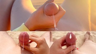 Compilation of masturbation on a public nudist beach. Cum three times. Almost catch by strangers.
