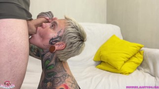 Tattooed slut swallows up to the balls! Fucked her pink pussy and cum on her boobs