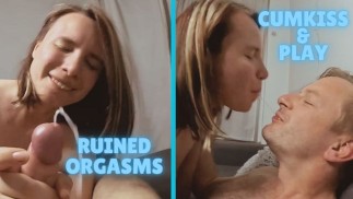 Großer Schwanz melkt Blowjob mit mehreren ruinierten Orgasmen, Sperma im Mund und Paar-Cumplay