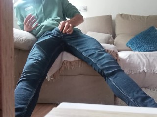 The Horny Jerk off with the Nice Big Cock Jerks off with the TV Remote and Cums in his Hand