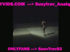 outdoor barefoot full naked in chastity cage, nipple clamps and inflatable plug in ass