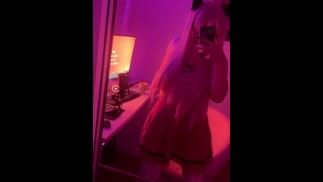 Sexy blonde performs a cute dance in stockings