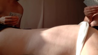 While my neighbor and I were playing cards, my girlfriend was licking my pussy under the table