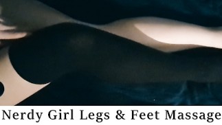 Nerdy Girl Wearing Knee High Socks Massage Her Feet and Long Legs