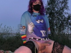 masturbation in nature, anal fucking of a gentle femboy in the park