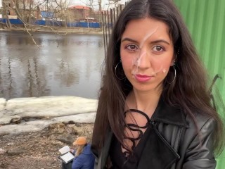 Cum on a Girl's Face so she could Walk through the Park Covered in Sperm and Shock People - Cumwalk
