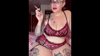 BBW stepmom MILF wake and bake 420 smoking fetish in red and black lingerie