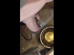 Desperate no hands nonchalant peeing into a bowl while standing 13/16