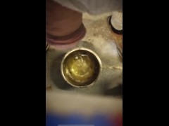 Desperate no hands nonchalant peeing into a bowl while standing 7/16