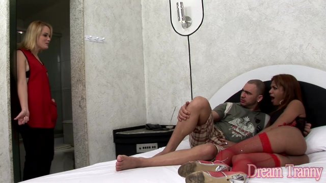 Guy Gets Fucked by Hot Tranny Sarah Costa and a Blonde Girl