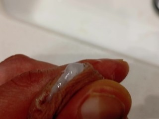 The Pig Shows you how far the Cum in the Previous Video Splashed and his Big Cock Full of Semen