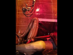 Femboy in swimsuit and pantyhoses is fallen in and slime