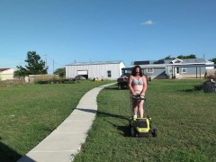 Come Mow with Me - CURVY Housewife Cuts the Grass nearly NUDE in Sweet, Cotton THONG and bra Set