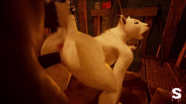 Horny wolf girl fucks the lumberjack with a big cock who ends up cumming in her mouth