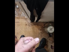 Public masturbation in workplace cum on black tights