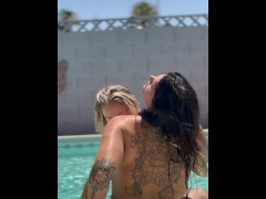 Sexy lesbian makeout with back tattoo visible