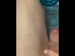 POV: Young guy JERKS off a HUGE dick, moans and CUMS in a GLASS