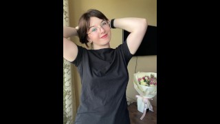 A Cute Brunette Reveals Her Boobs And Squeezes Them