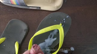 Huge cumshot on flipflops havaianas and slides wearing white dirty adidas socks