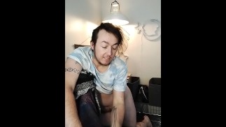 Transman slut masturbating in office chair first time in front of camera