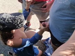 I walk naked, I meet strangers, I get a handjob and a creampie on my tits