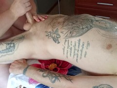 mother-in-law massages penis with her hands, mouth and tits