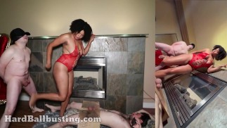 Geteilter Bildschirm Mistress Sasha Ballbusting auf Trampling Bank