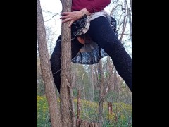 Lady P pissing on a tree stump pov with a pussy full of cum