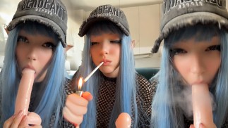 Slutty Cosplayer smoking and sucking her favourite  pink dildo (Full vid on my OnlyFans/ManyVids)