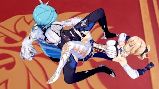 Jean и Eula Scissor в ее офисе [Genshin Impact Hentai Yuri]