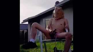 jerking off after trimming the grass in nothing but a thong