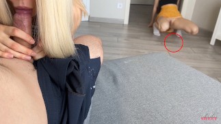 My Stepsis made a Squirt behind my Girlfriend and Finished blowjob